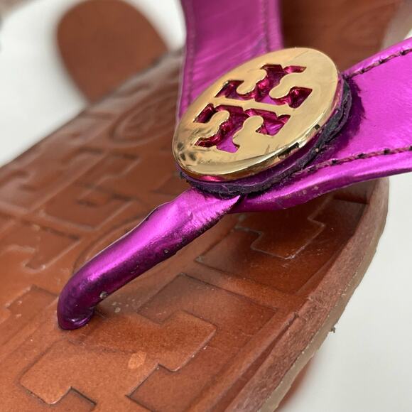 Tory Burch Thora Fuchsia Pink Leather Thong Sandals Metallic Mirror Metal Size 6 - Picture 12 of 12